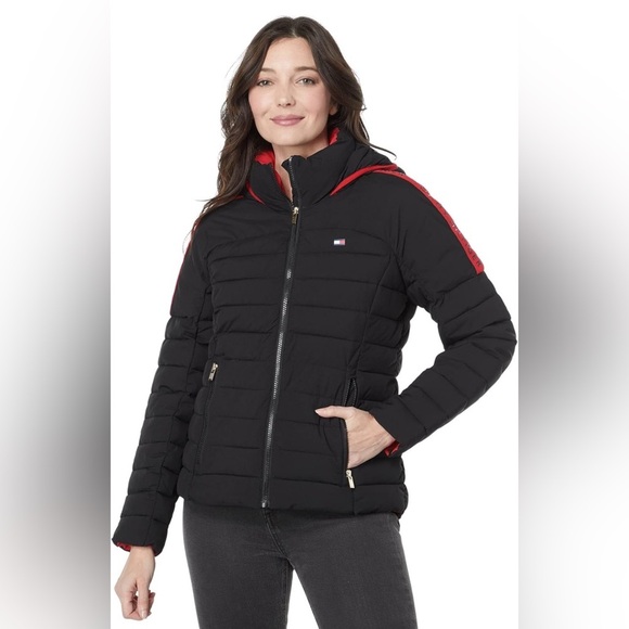 NWT | Tommy Hilfiger Women's Black and Red Puffer Jacket with Logo, Size XL - Picture 1 of 11